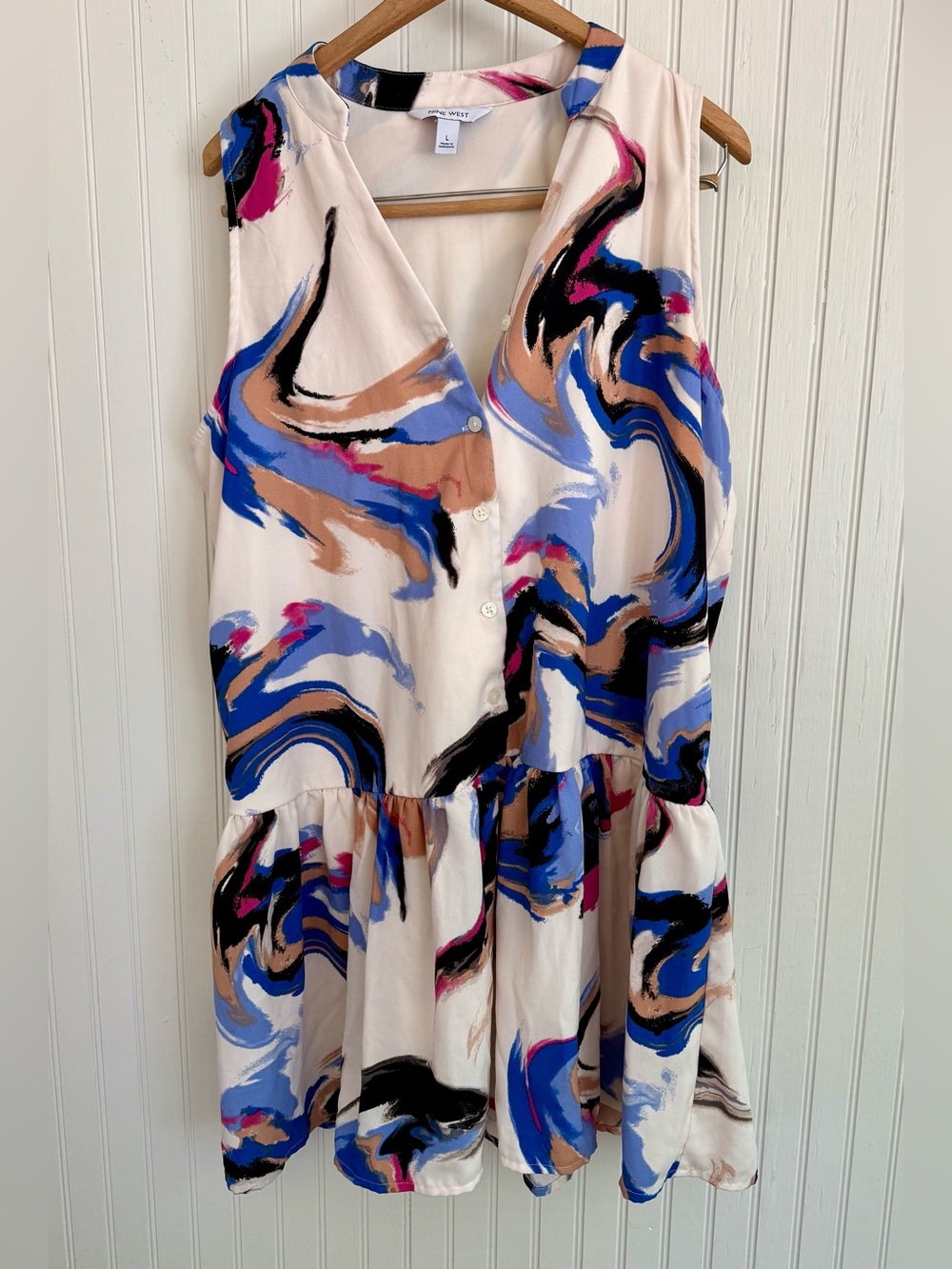 Nine West Abstract Print Mini Dress Size L in Cream and Blue